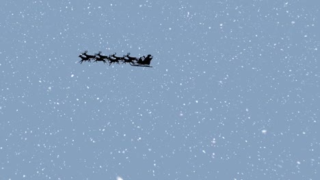 animation of snow falling over santa claus in sleigh with reindeer