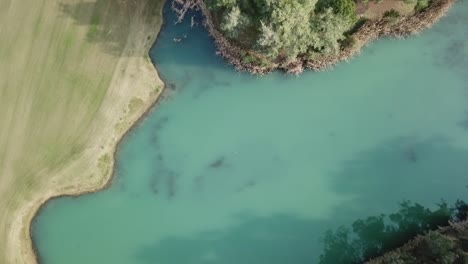 Top-down-view-of-golf-field-pond-with-light-blue-water-and-vivid-grass