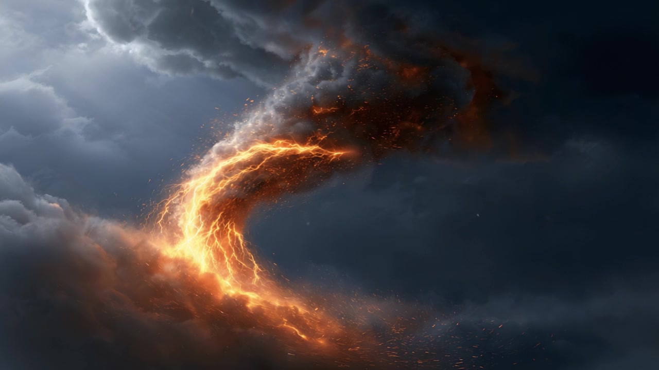 Un fenomeno enigmatico di energia infuocata che si avvolge attraverso cieli oscurati con fulmini violenti e maestose strutture nuvolose.