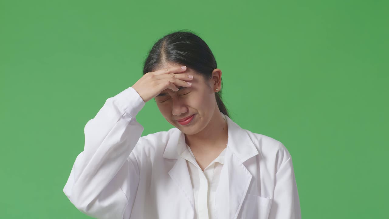 실험실 코트 를 입은 두통 을 가진 여자