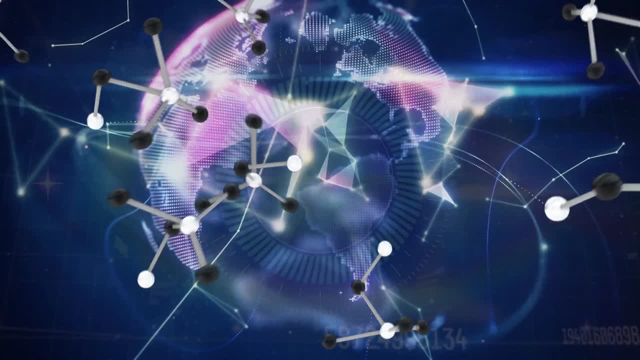 Animation of molecules over globe and connections on black background
