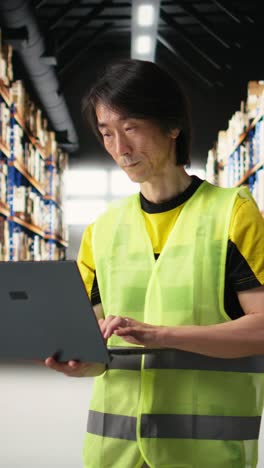 vertical video warehouse employee in hi vis vest preparing packages for local delivery