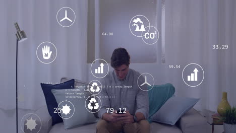 using smartphone with digital data animation overlay, man in school environment
