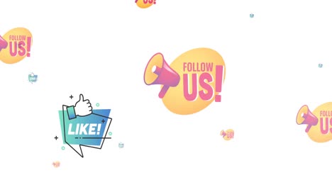 animation of follow us and like text and social media icons on white background