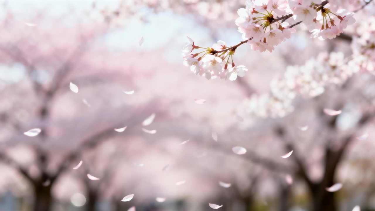 そよ風に揺れる桜の枝から、ピンクの花びらが道に舞い落ちる光景、余白あり