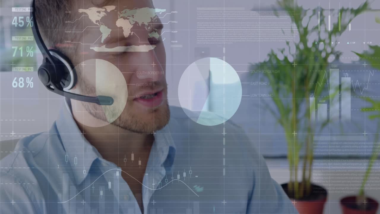 animación del procesamiento de datos financieros sobre un empresario caucásico usando auriculares de teléfono