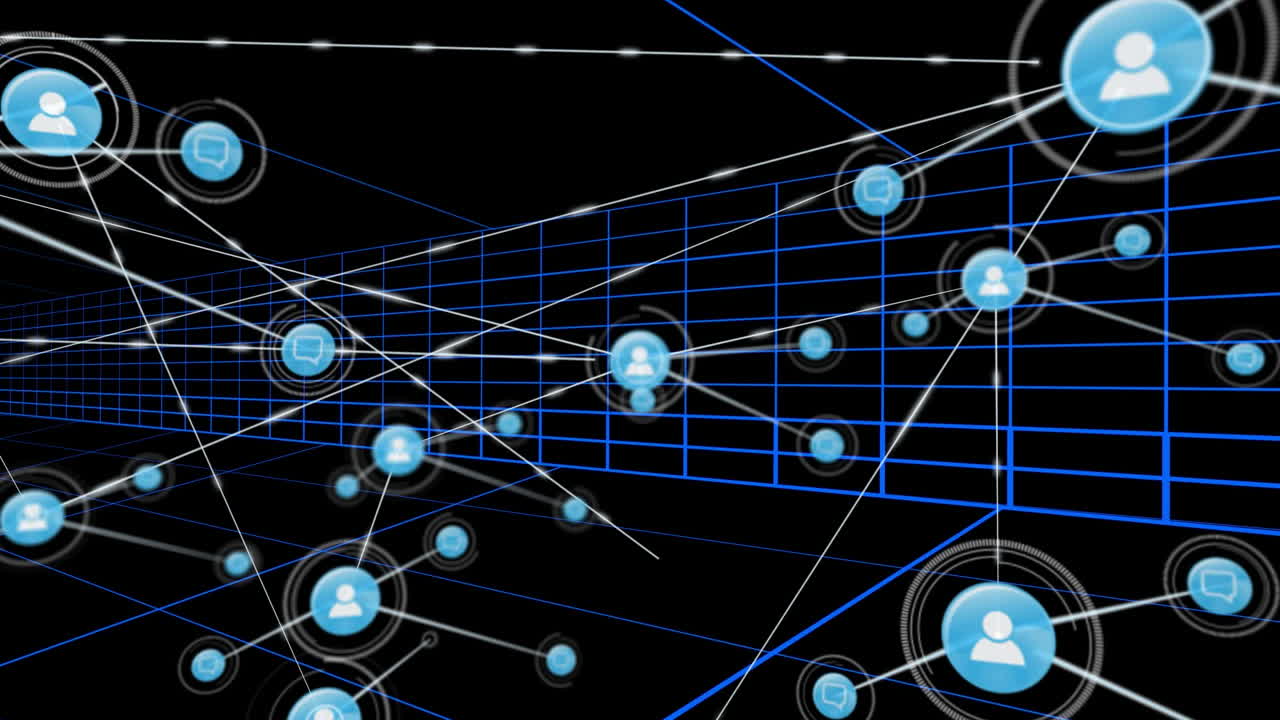 Glowing marker pulsing causing hub avatar making nodes and links, camera panning, revealing network