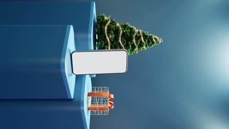 smartphone, christmas tree, and wrapped gift on blue background vertical