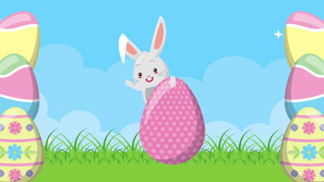 feliz tarjeta animada de pascua con huevos pintados en el campo