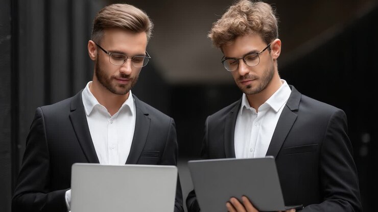 Due giovani professionisti impegnati in una discussione concentrata mentre esaminano dispositivi digitali, a dimostrazione di una collaborazione moderna in un ambiente urbano sofisticato