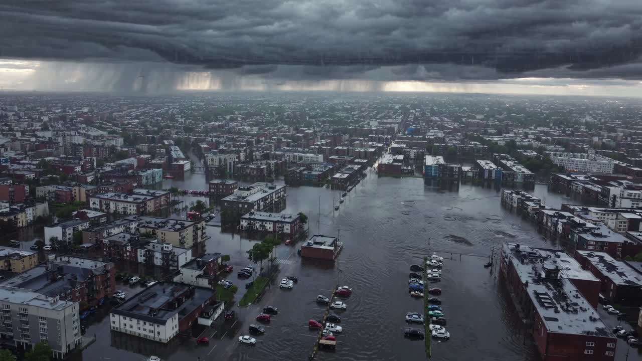 Dramatic aerial footage revealing urban flooding, with dark menacing clouds unleashing torrential rain over submerged streets, buildings, and infrastructure under severe weather conditions