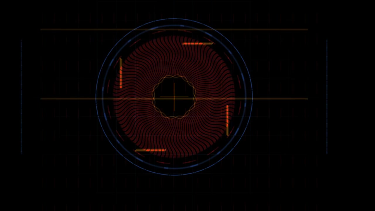 Display HUD digitale con vortice rosso ed elementi di scansione