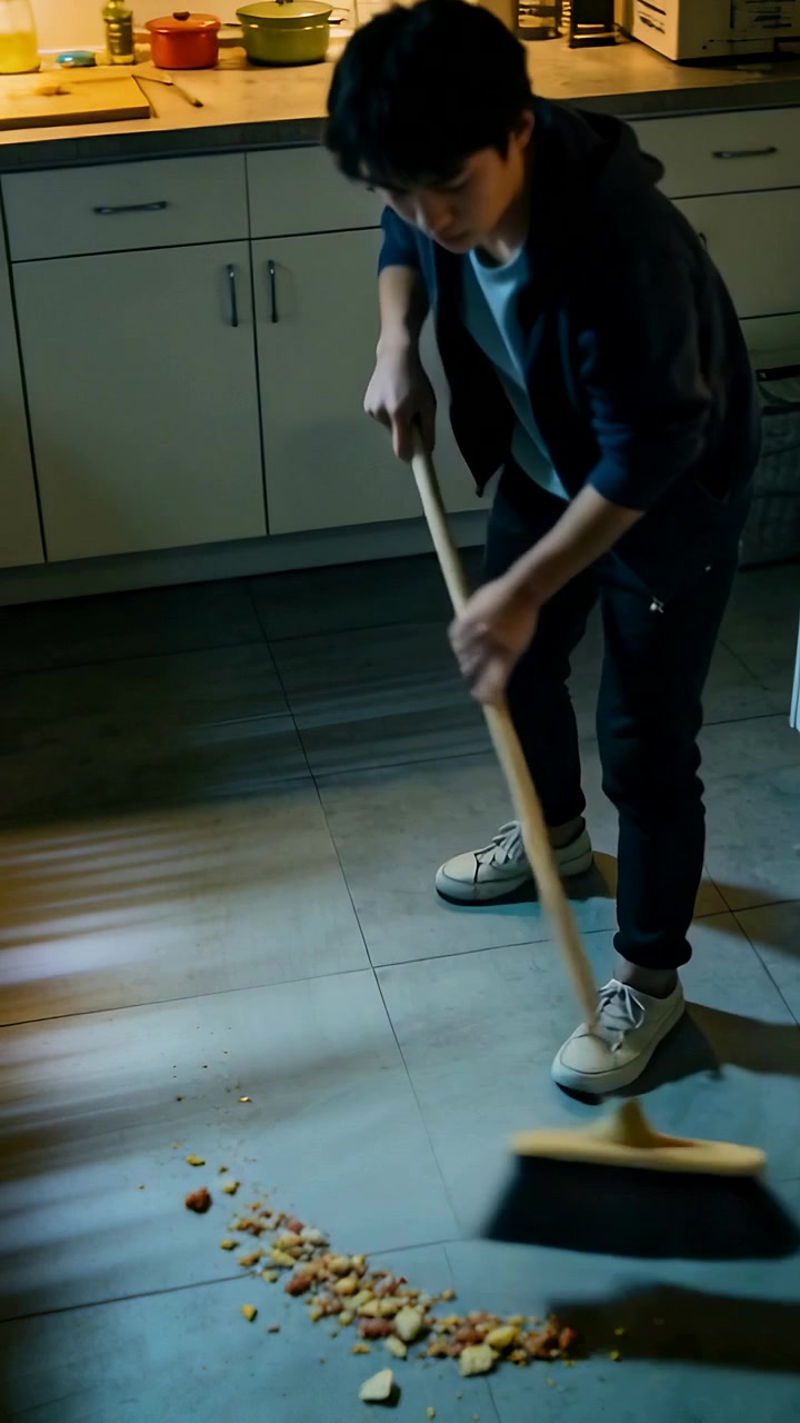 Vertikal video: Mann i hettegenser feier og samler opp sølte smuler på kjøkkenet, med kost for oppsamling.