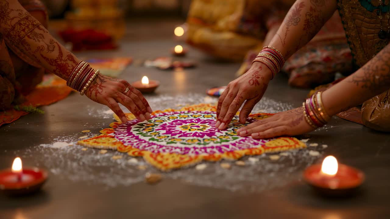 Starting at home, women in sarees filling rangoli decorating with petals and rice around lit diyas