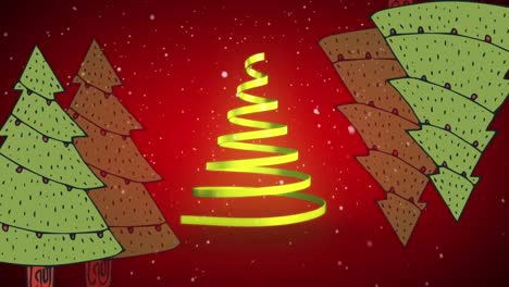 animación de navidad cinta amarilla formando árbol de navidad sobre fondo rojo