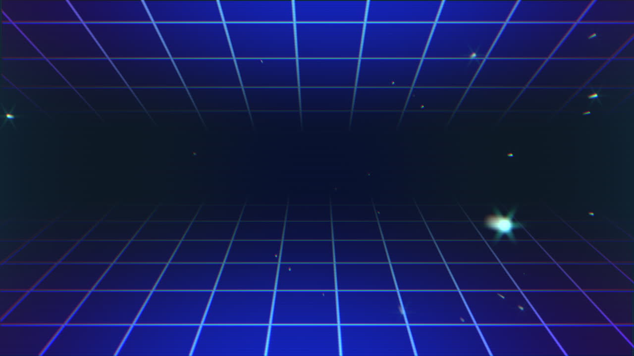 80년대 스타일의 어두운 은하에서 반 ⁇ 이는 네온 파란색 그리드 패턴
