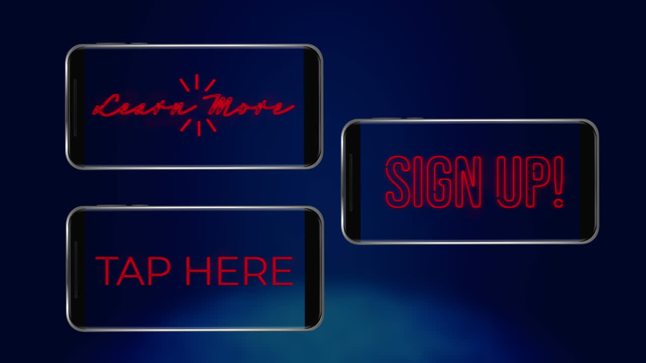 animación de palabras aprender más toque aquí y inscribirse parpadeando en las pantallas de tres teléfonos inteligentes