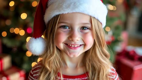 a little girl in a santa hat holding a present