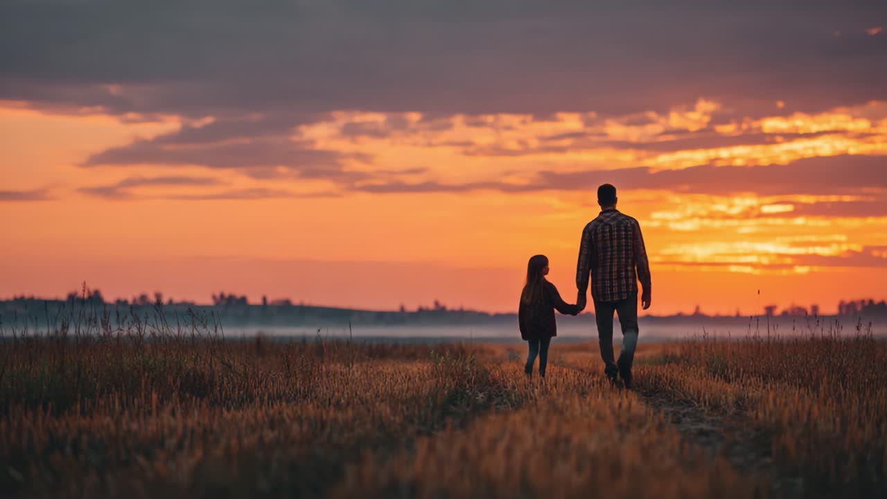 Una commovente passeggiata serale: un genitore e un bambino che camminano mano nella mano attraverso un campo dorato sotto un cielo mozzafiato al tramonto.