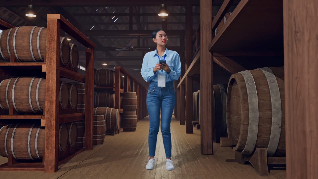 Full Body Of An Asian Female Worker With Her Smarphone In Cellar Of Winery, She Observes By Looking Around Before She Come To Concentrating With Her Smarphone