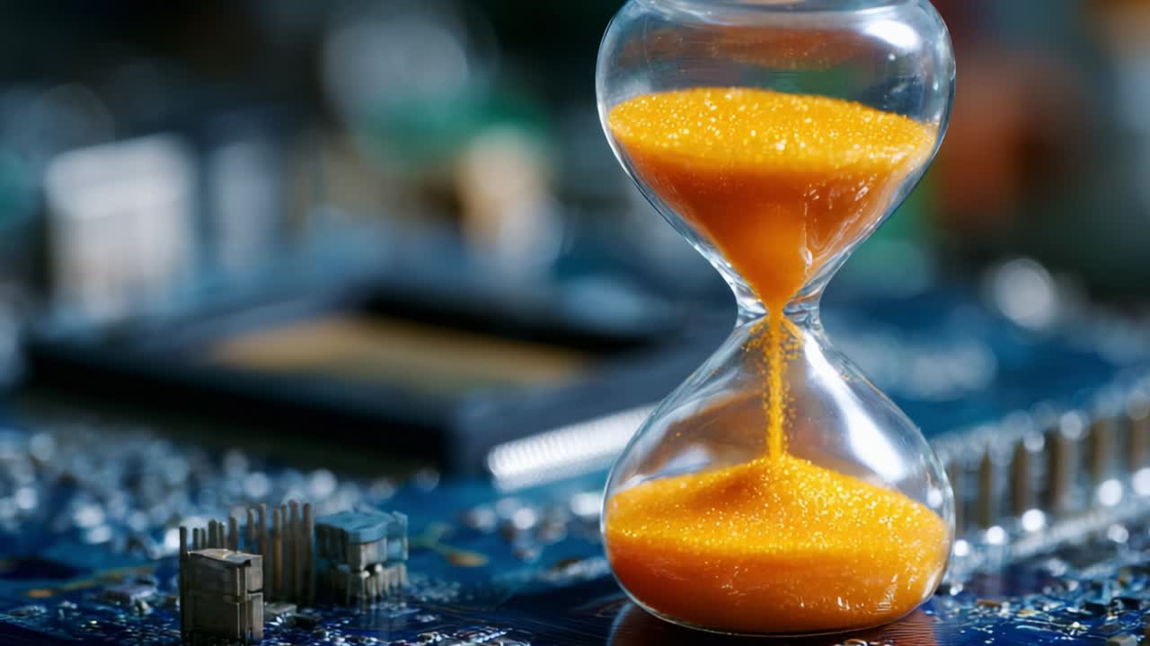 An exquisite glass hourglass filled with vibrant orange sand sits elegantly atop a complex circuit board, symbolizing the passage of time amidst the intricate details of technology and innovation