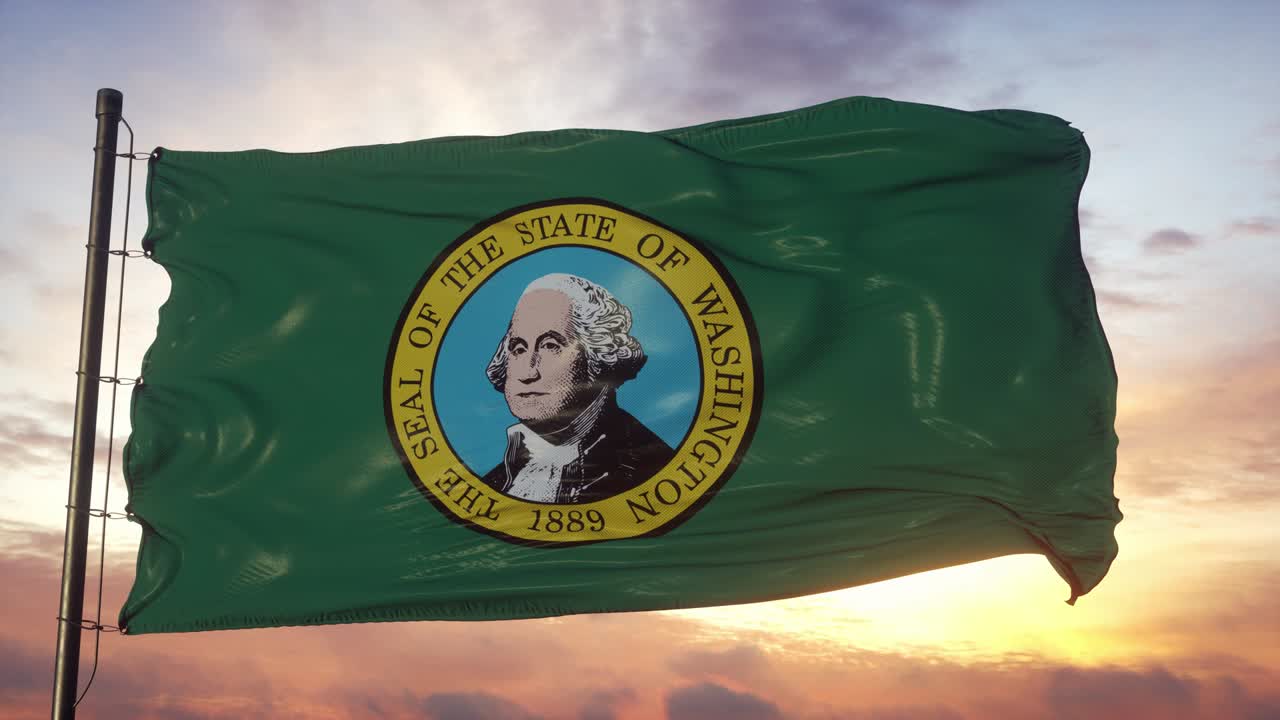 Flag of Washington waving in the wind against deep beautiful sky at sunset