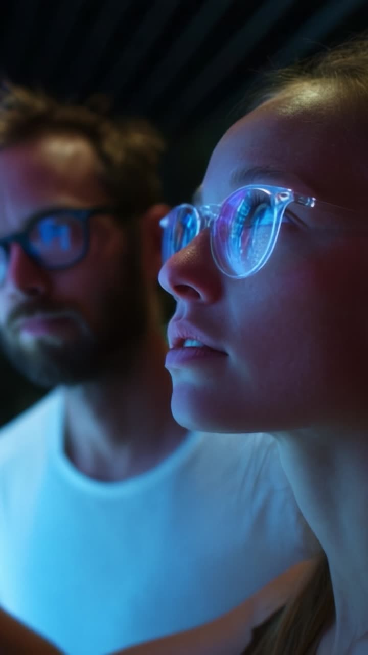 A Captivating Moment: Two Individuals Engrossed in a Screen Lit by Colorful Glows, Highlighting Their Expressions Underneath Transluminous Glasses
