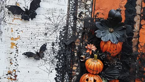 spooky halloween decor with bats and pumpkins