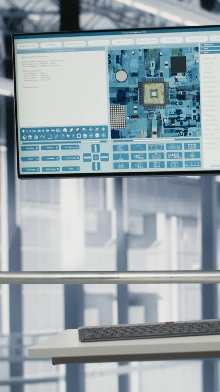 Vertical video Software on display in empty microchips plant monitoring fabrication data