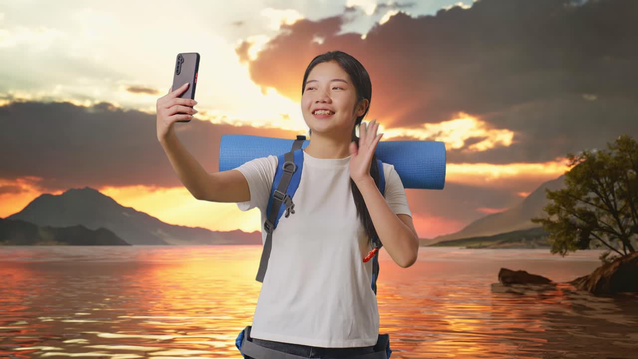 mujer tomando una selfie al atardecer junto al lago