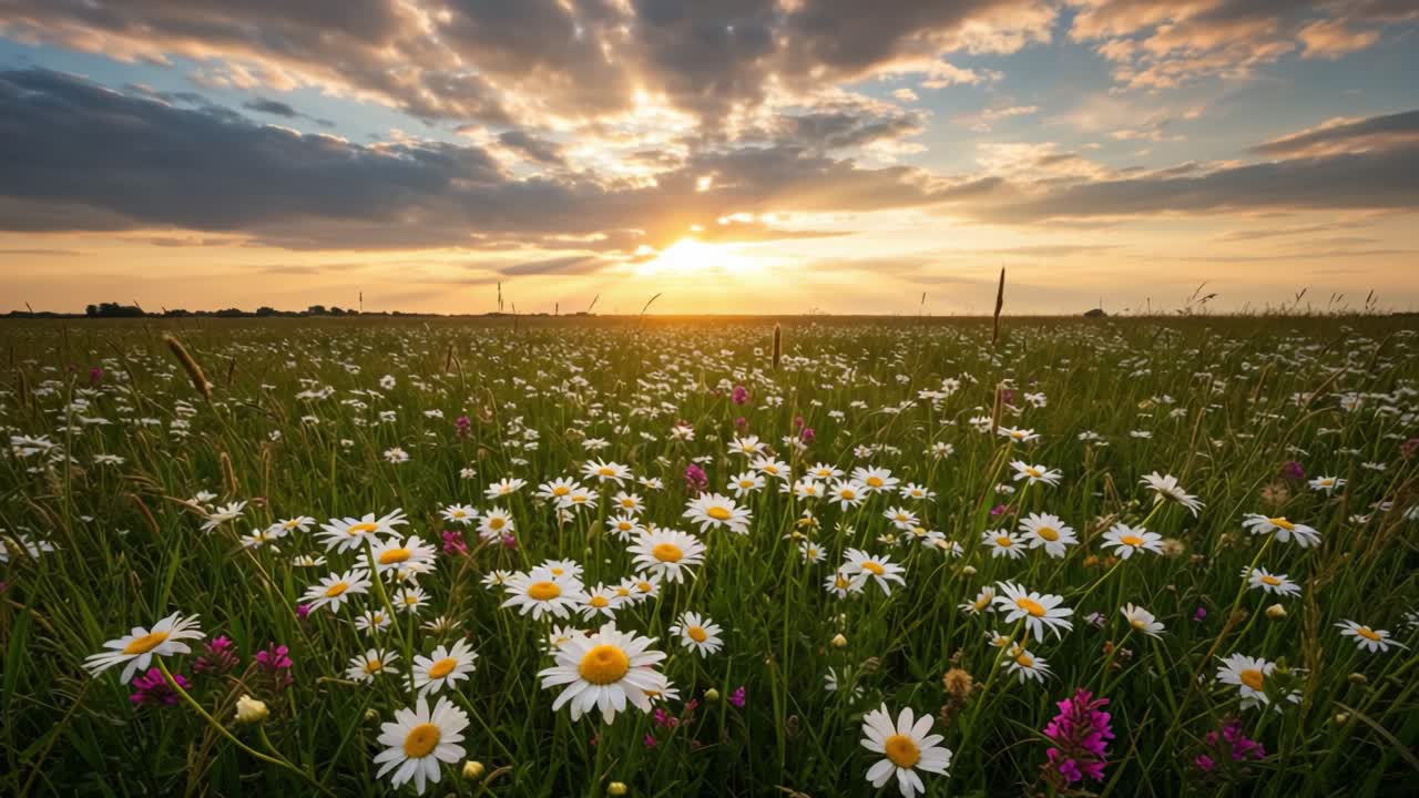 A Serene Sunset Over a Field of Daisies and Wildflowers, Capturing the Beauty of Nature's Colors and Tranquility in a Scenic Landscape