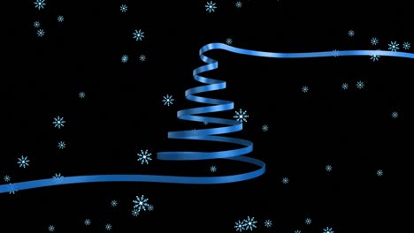Digital-animation-of-snowflakes-falling-against-blue-ribbon--forming-a-christmas-tree