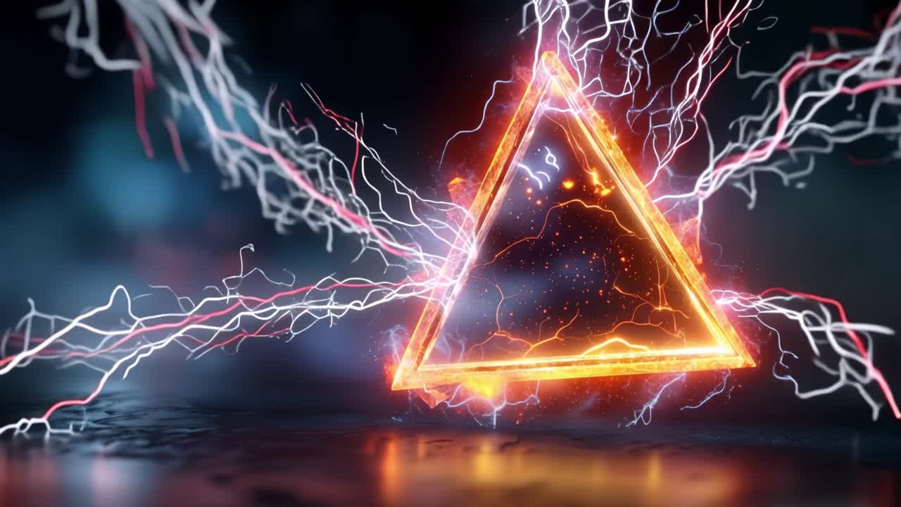 En flammende trekant pulserer med energi og lyn. Elektriske buer strømmer fra dens kanter. Røg hvirvler omkring en mørk, reflekterende overflade. Orange glød oplyser en stemningsfuld, atmosfærisk scene. Ideel til futuristiske designs.