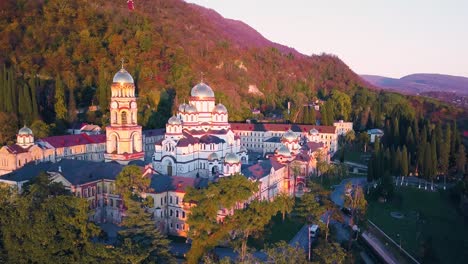 aerial view of a monastery at sunrise