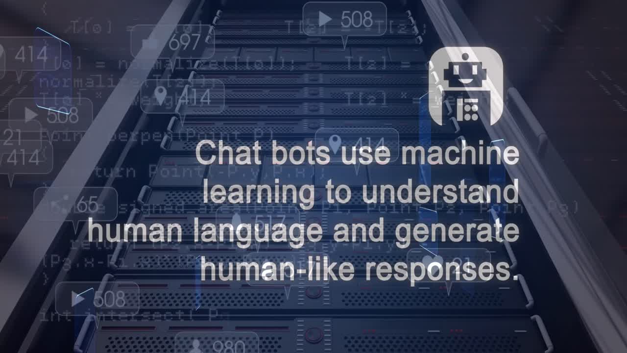 Animation of ai data processing, chat and icon over computer server