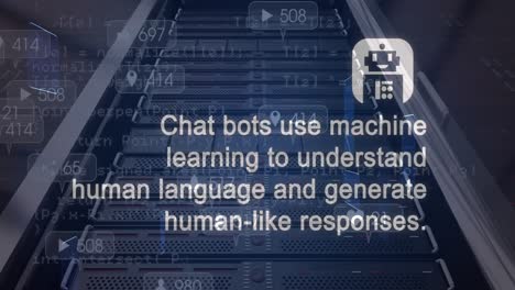 Animation-of-ai-data-processing,-chat-and-icon-over-computer-server