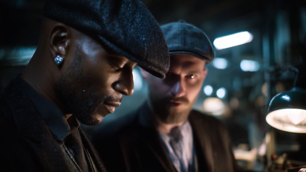 Momento Dramático: Dois Homens em Traje Escuro em Conversa Profunda em Oficina Mal Iluminada, Destacando Intensidade e Intriga.