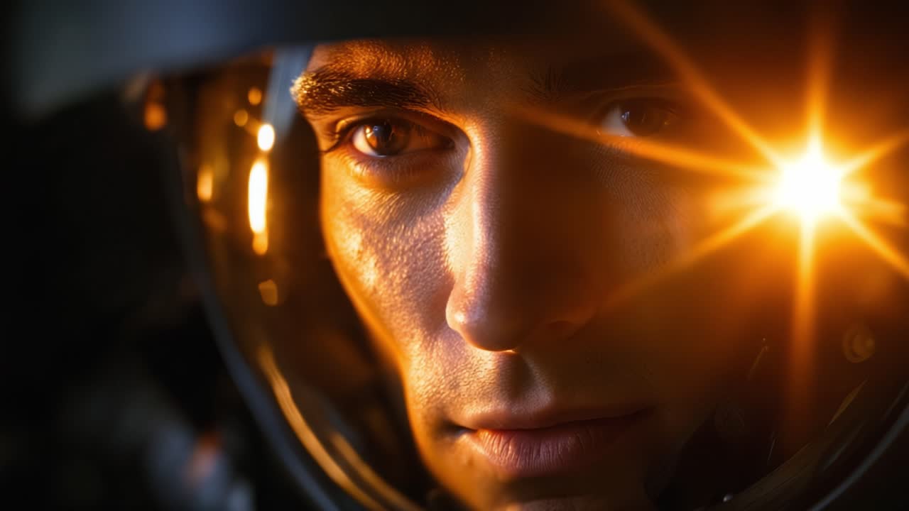 A Close-Up Portrait of an Astronaut With a Dynamic Lens Flare Capturing the Intensity and Focus of Space Exploration in a Dramatic Lighting Setting