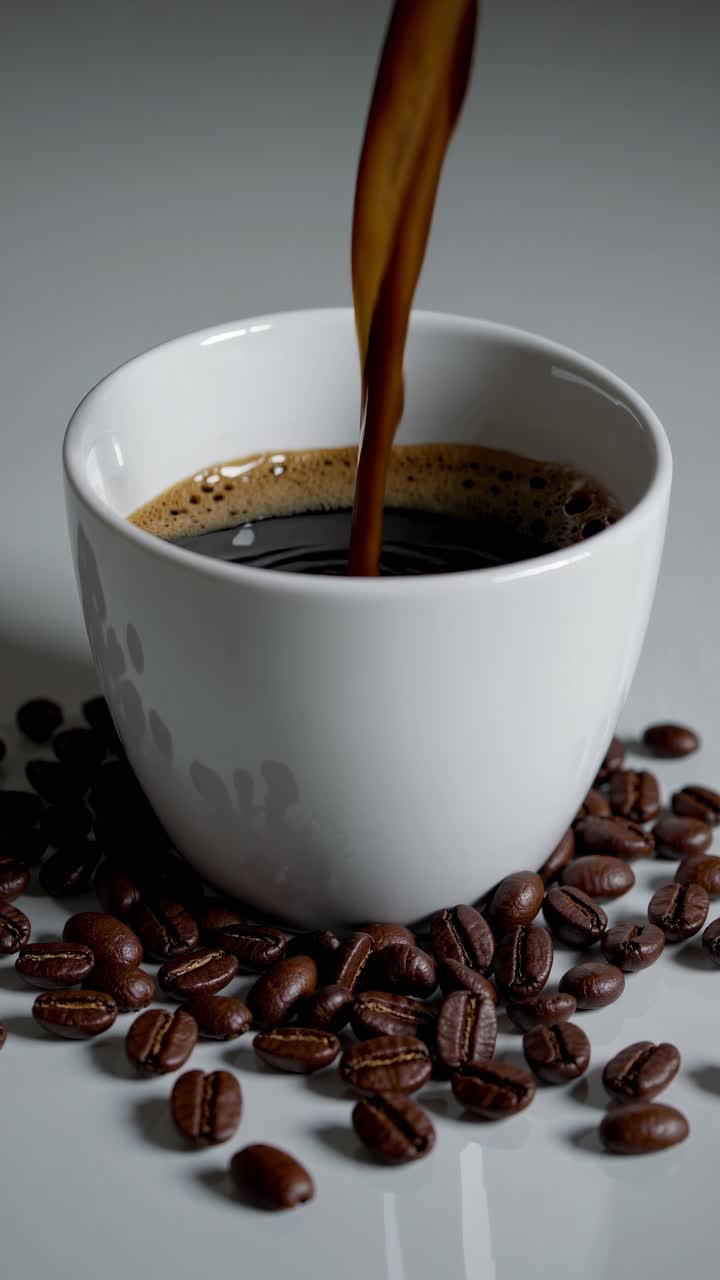 Nærbillede videovinkel af kaffe, der skænkes i en hvid kop omgivet af bønner, og indfanger en rig