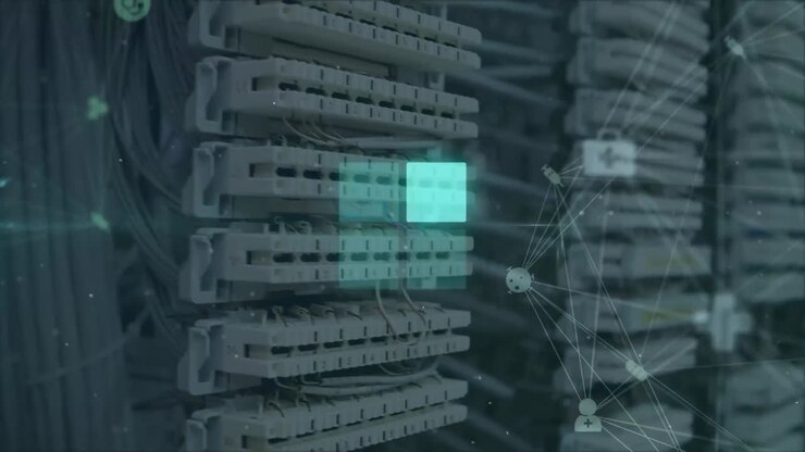 Animation of loading ring over network of connections and server room