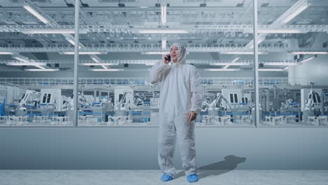 cuerpo lleno de científico masculino asiático hablando en teléfono inteligente mientras está de pie en una fábrica de laboratorio moderno con robots automatizados