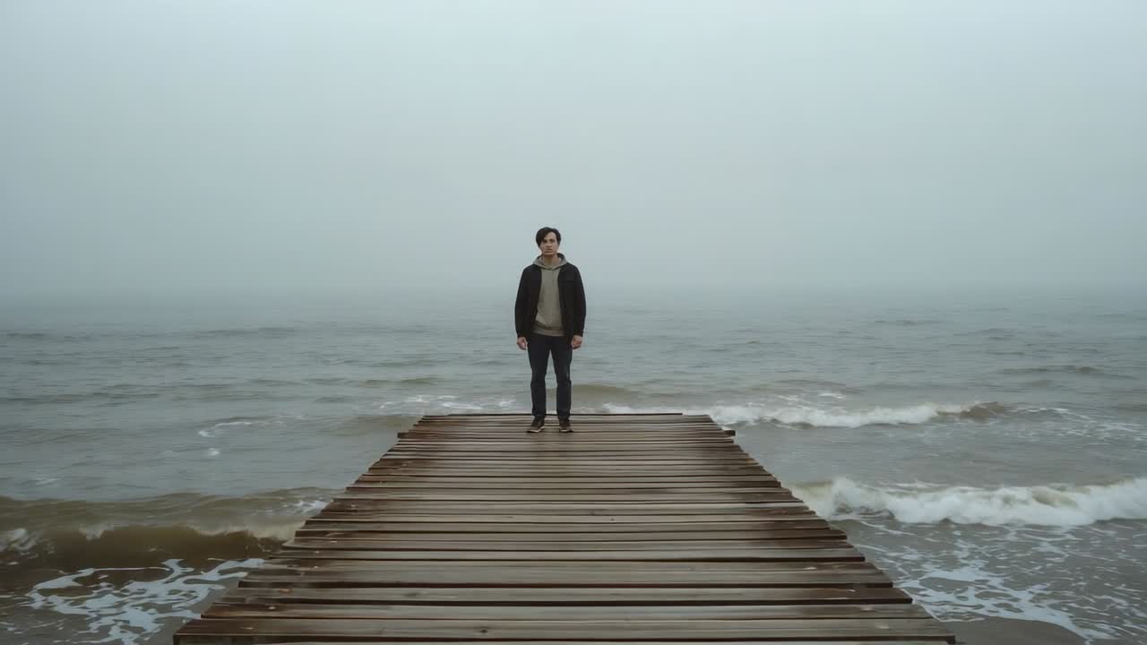Un hombre adulto de pie con una chaqueta oscura observando un horizonte brumoso, moviéndose en un muelle con una cámara.