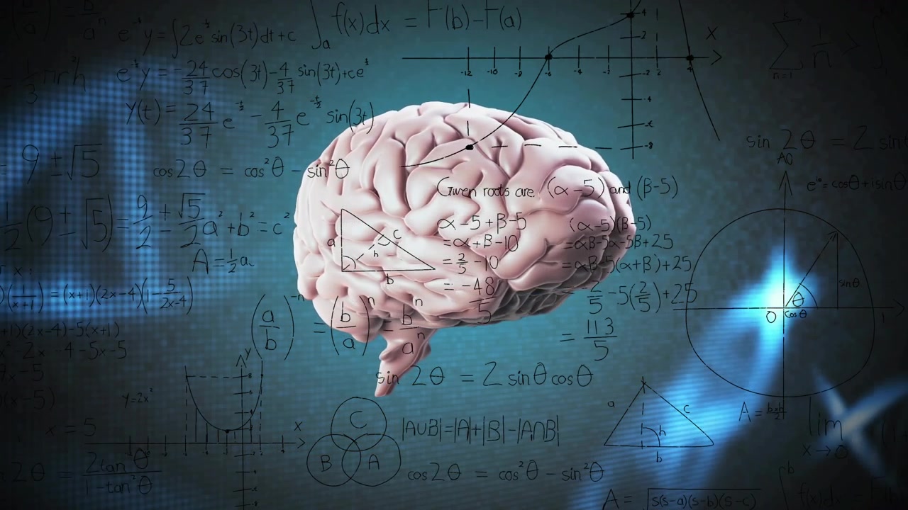 3D brain model rotating on playback, DNA helix pulsing, math equations growing for neuroscience