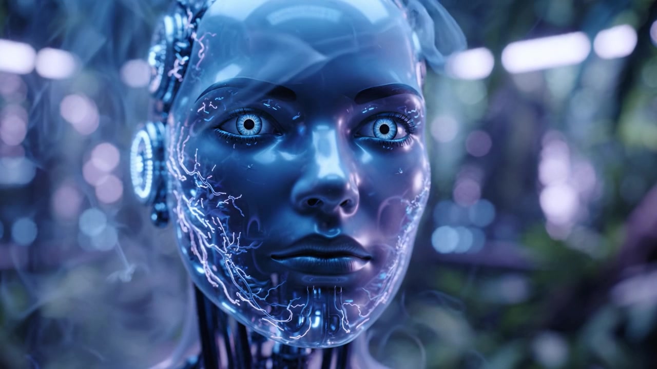 Robot umanoide futuristico con circuiti complessi e caratteristiche luminose, circondato da fogliame nebbioso, che mostra una fusione di tecnologia e natura in un ambiente avanzato