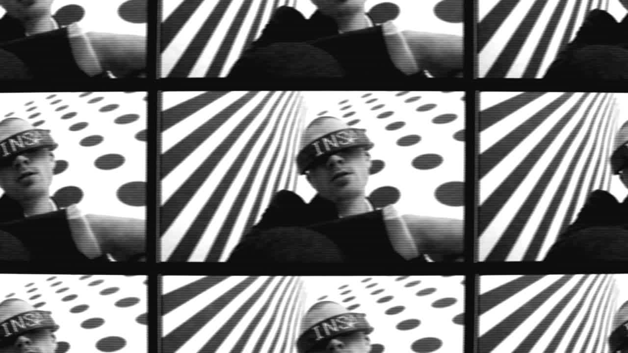 Person wearing VR headset in a stylized, repeating image pattern.