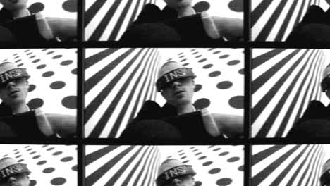 person wearing vr headset in a stylized, repeating image pattern.