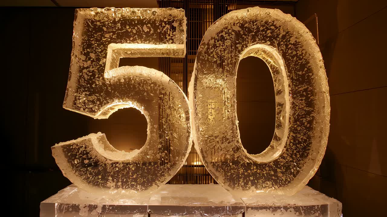 Lighting shifting, ice sculpture shaped 50 on pedestal glowing, shifting highlights in event hall