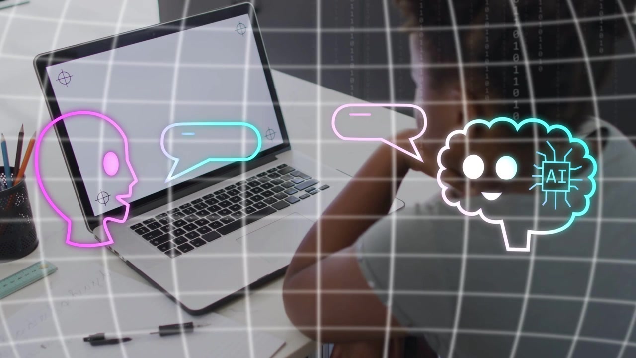 Ragazza alla scrivania che riposa, laptop spento con griglia luminosa, testa dell'istruzione e cervello AI che conversano, dissolvendosi.