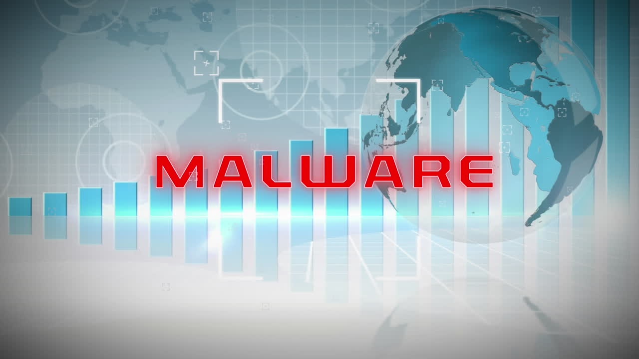 말웨어 텍스트 오버 글로브 스피닝 및 다이어그램의 애니메이션