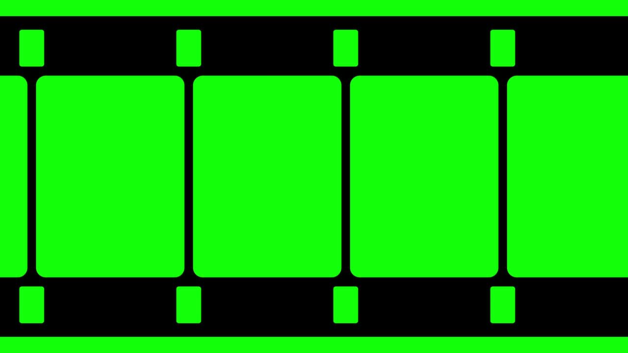 초록색 배경에서 움직이는 16mm 필름 스트립, 녹색 화면에서 원활하게 루프 할 수 있는 비디오 영상, 추상적인 필름 스트림 디자인 템플릿.